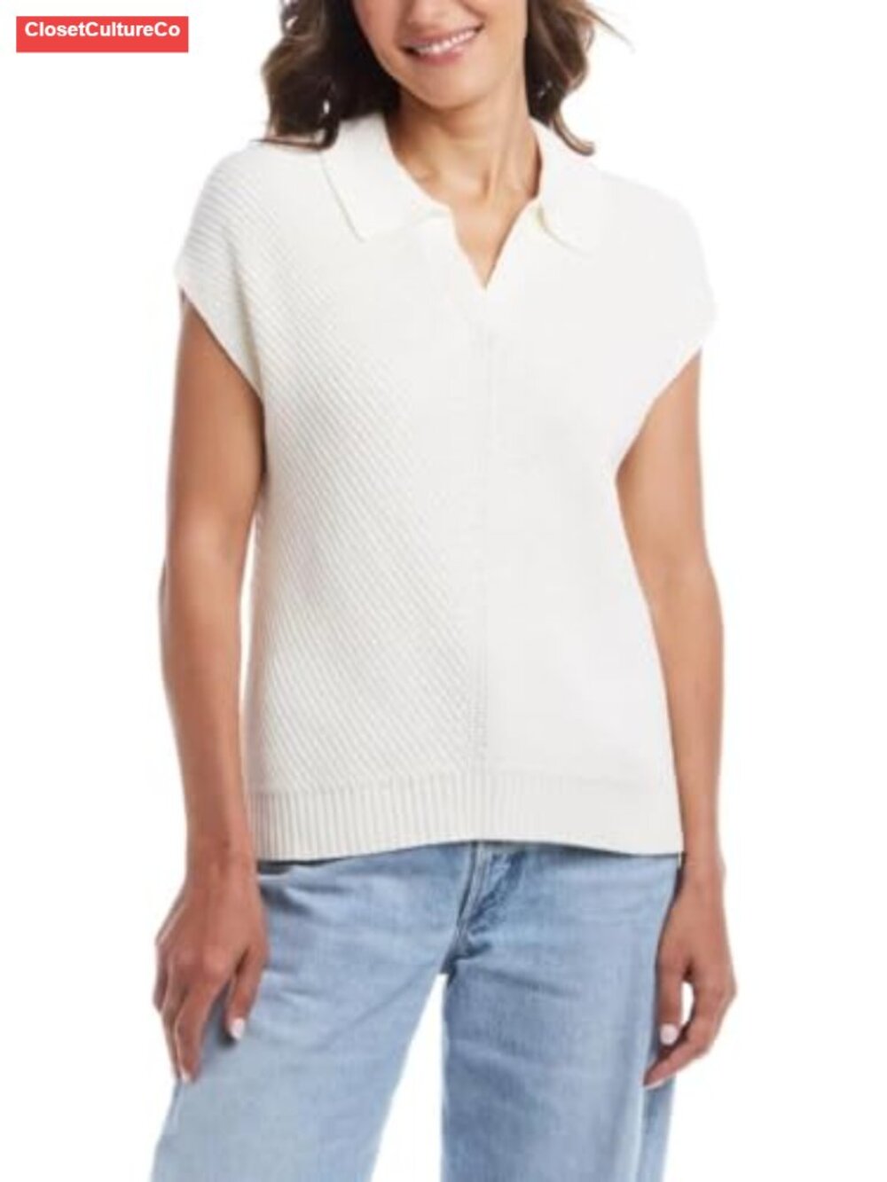 Cotton Cap Sleeve Sweater Johnny Collar Chevron Rib Knit Top